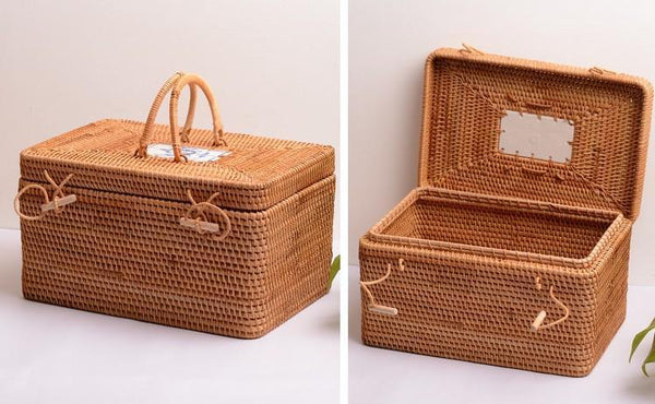 Rattan Wicker Serving Basket, Storage Baskets for Picnic, Kitchen Storage Baskets, Woven Storage Baskets with Lid-artworkcanvas
