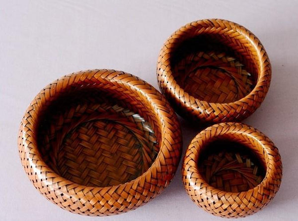 Farmhouse Small Storage Basket, Woven Snacks Basket, Bamboo Storage Basket, Round Storage Basket for Kitchen, Set of 3-artworkcanvas