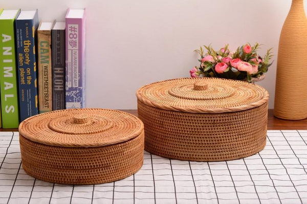 Woven Storage Basket with Lid, Large Rattan Storage Basket, Woven Round Basket for Kitchen-artworkcanvas