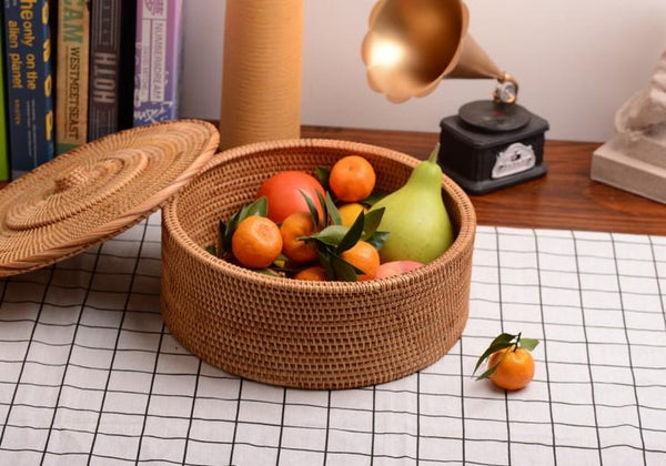 Woven Storage Basket with Lid, Large Rattan Storage Basket, Woven Round Basket for Kitchen-artworkcanvas