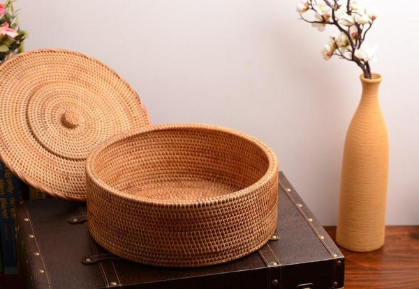 Woven Storage Basket with Lid, Large Rattan Baskets, Round Basket for Kitchen, Storage Baskets for Shelves-artworkcanvas