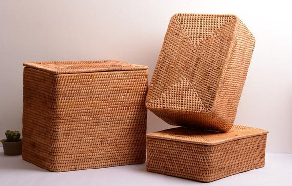 Woven Rattan Baskets, Rectangular Basket with Lid, Rectangular Storage Baskets, Storage Basket for Bedroom, Kitchen Storage Baskets-artworkcanvas