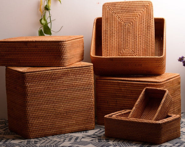 Woven Storage Baskets, Rectangular Storage Basket with Lid, Large Storage Basket for Clothes, Storage Baskets for Shelves, Kitchen Storage Baskets-artworkcanvas