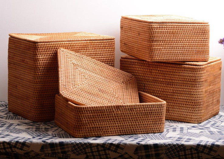 Storage Baskets with Lid, Rectangular Storage Baskets, Storage Baskets for Clothes, Pantry Storage Baskets, Rattan Woven Storage Basket for Bedroom-artworkcanvas