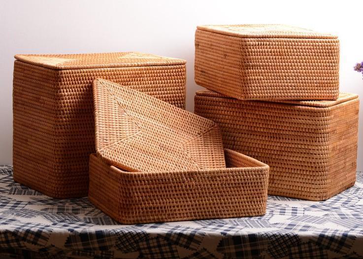 Hand Woven Rectangle Rattan Storage Basket With Lip Vietnam Traditional Handmade Wicker