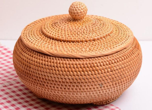 Round Storage Basket, Woven Storage Basket with Lid, Rattan Basket for Kitchen, Wicker Storage Basket-artworkcanvas