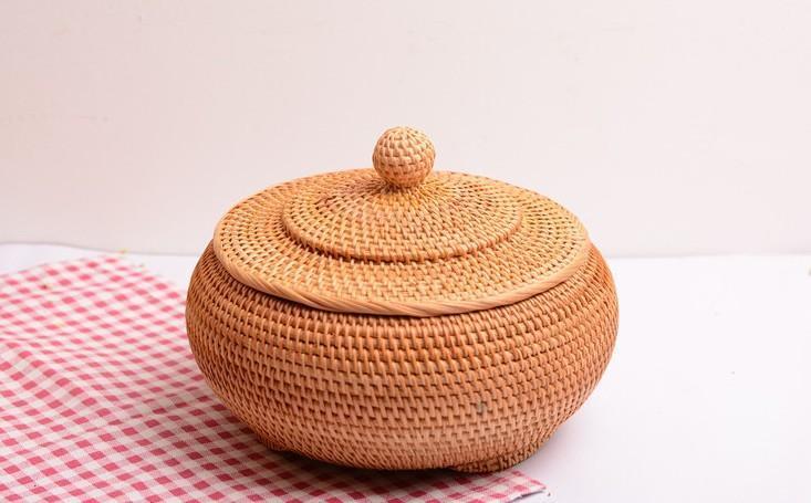 Round Storage Basket, Woven Storage Basket with Lid, Rattan Basket for Kitchen, Wicker Storage Basket-artworkcanvas