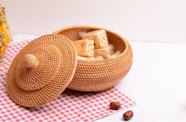 Round Storage Basket, Woven Storage Basket with Lid, Rattan Basket for Kitchen, Wicker Storage Basket-artworkcanvas