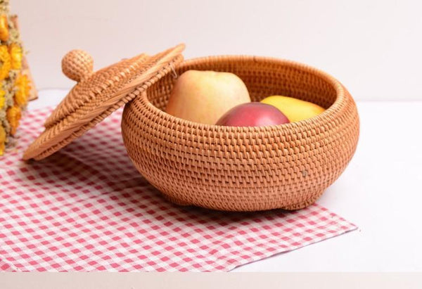 Round Storage Basket, Woven Storage Basket with Lid, Rattan Basket for Kitchen, Wicker Storage Basket-artworkcanvas
