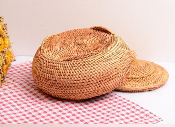 Round Storage Basket, Woven Storage Basket with Lid, Rattan Basket for Kitchen, Wicker Storage Basket-artworkcanvas