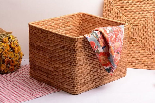 Large Storage Basket for Living Room, Storage Basket for Clothes, Woven Rattan Storage Baskets, Rectangular Storage Basket, Storage Basket with Lid-artworkcanvas