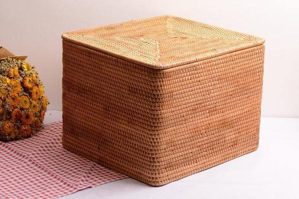 Large Storage Basket for Living Room, Storage Basket for Clothes, Woven Rattan Storage Baskets, Rectangular Storage Basket, Storage Basket with Lid-artworkcanvas