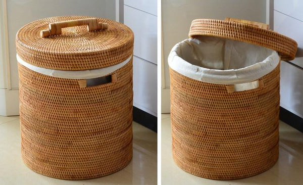 Large Laundry Storage Basket with Lid, Large Rattan Storage Basket for Bathroom, Woven Round Storage Basket for Clothes-artworkcanvas