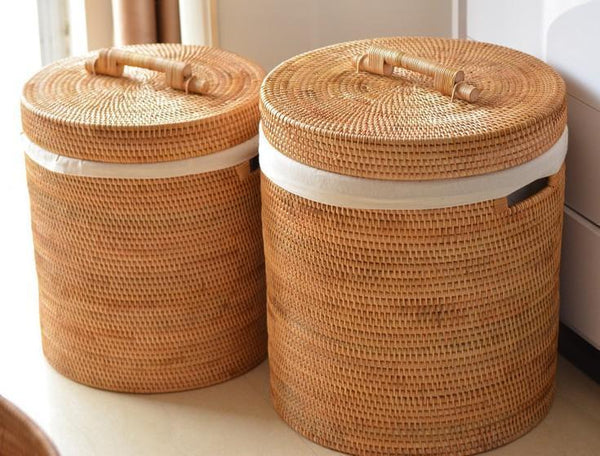 Large Laundry Storage Basket with Lid, Large Rattan Storage Basket for Bathroom, Woven Round Storage Basket for Clothes-artworkcanvas