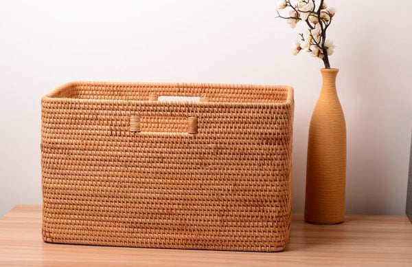 Large Laundry Storage Basket for Clothes, Rectangular Storage Basket, Rattan Baskets, Storage Baskets for Bedroom, Storage Baskets for Shelves-artworkcanvas