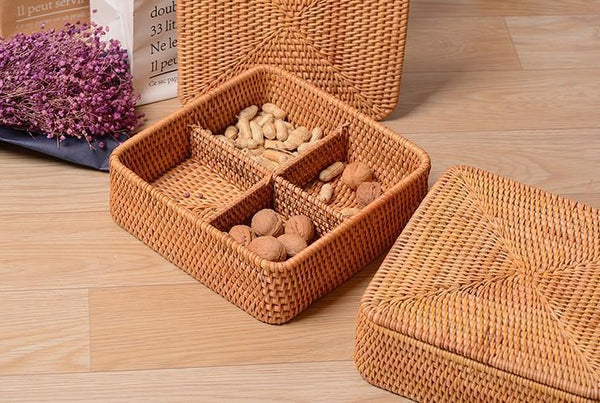 Storage Basket with Lid, Rattan Square Basket, Storage Basket with Lid, Kitchen Storage Baskets-artworkcanvas