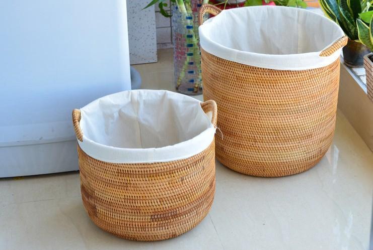 Large Hand Woven Round Rattan Storage Basket With Handles For Home Decor Organization