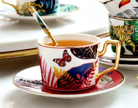 Butterfly Pattern Porcelain Coffee Cups, Coffee Cups with Gold Trim and Gift Box, Tea Cups and Saucers-artworkcanvas