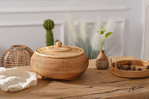 Rattan Storage Basket for Kitchen, Storage Basket for Picnic, Small Storage Baskets, Round Storage Basket with Lid, Woven Storage Baskets-artworkcanvas