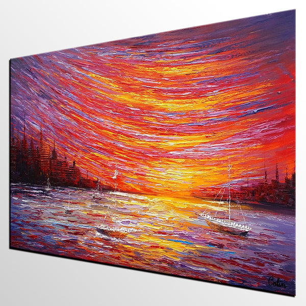 Landscape Painting, Large Art, Canvas Art, Wall Art, Custom Abstract Artwork, Canvas Painting, Modern Art, Oil Painting, Boat on the River 210-artworkcanvas