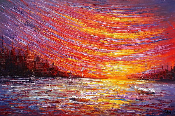Landscape Painting, Large Art, Canvas Art, Wall Art, Custom Abstract Artwork, Canvas Painting, Modern Art, Oil Painting, Boat on the River 210-artworkcanvas