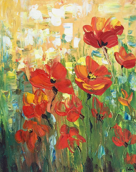 Red Poppy Field Painting, Small Painting, Heavy Texture Oil Painting, Abstract Painting-artworkcanvas