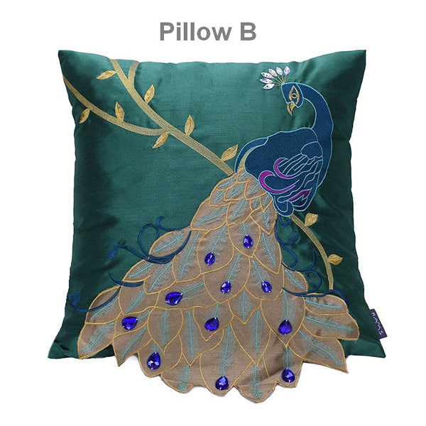 Decorative Sofa Pillows, Decorative Pillows for Couch, Beautiful Decorative Throw Pillows, Green Embroider Peacock Cotton and linen Pillow Cover-artworkcanvas