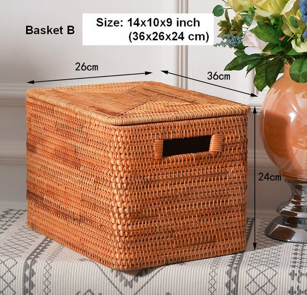 Oversized Rectangular Storage Basket with Lid, Woven Rattan Storage Basket for Shelves, Storage Baskets for Bedroom, Extra Large Storage Baskets for Clothes-artworkcanvas