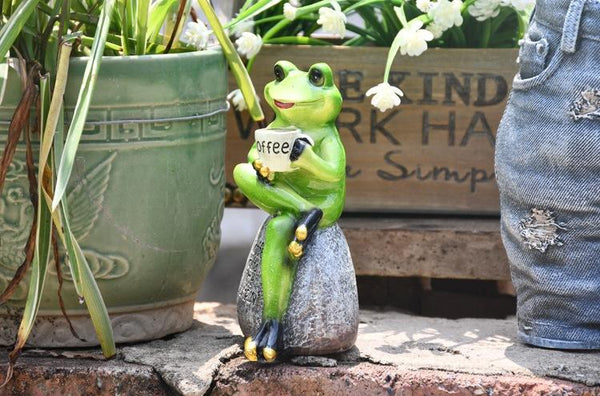 Frog Drinking Coffee Statue for Garden, Animal Statue for Garden Courtyard Ornament, Villa Outdoor Decor Gardening Ideas-artworkcanvas