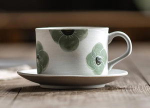 Cappuccino Coffee Cup, Spring Flower Coffee Cup, Rustic Tea Cup, Pottery Coffee Cups, Coffee Cup and Saucer Set-artworkcanvas