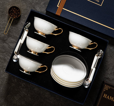 Bone China Porcelain Tea Cup Set, White Ceramic Cups, Elegant British Ceramic Coffee Cups, Unique Tea Cup and Saucer in Gift Box-artworkcanvas