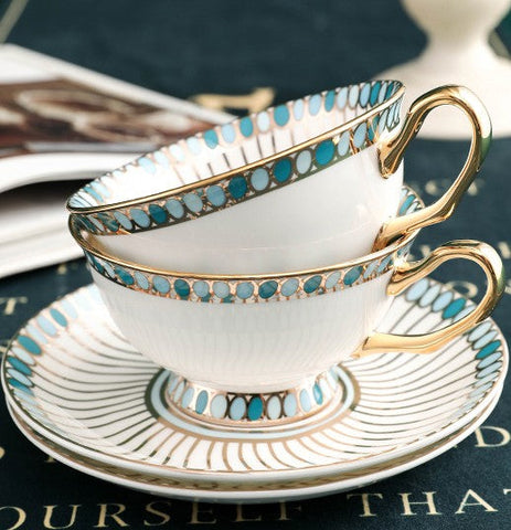 Unique Tea Cup and Saucer in Gift Box, Elegant British Ceramic Coffee Cups, Bone China Porcelain Tea Cup Set for Office, Green Ceramic Cups-artworkcanvas