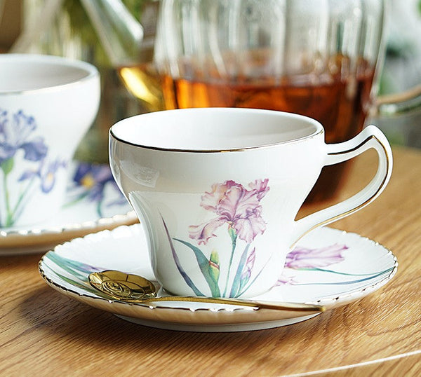 Iris Flower British Tea Cups, Beautiful Bone China Porcelain Tea Cup Set, Traditional English Tea Cups and Saucers, Unique Ceramic Coffee Cups in Gift Box-artworkcanvas