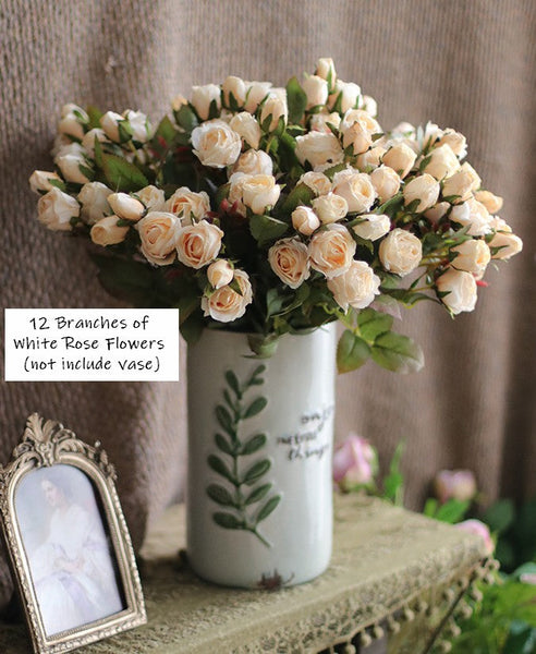 Wedding Artificial Flowers, 12 Branches of White Rose Flowers, White Rose Flower in Vase, Real Touch Flowers, Simple Flower Arrangement Ideas for Home Decoration-artworkcanvas
