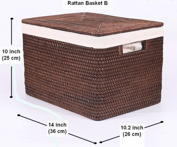 Storage Baskets for Clothes, Large Brown Rattan Storage Baskets, Storage Baskets for Bathroom, Rectangular Storage Baskets, Storage Basket with Lid-artworkcanvas