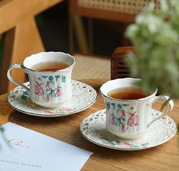 Elegant British Tea Cups, Beautiful Bone China Porcelain Tea Cup Set, Traditional English Tea Cups and Saucers, Unique Ceramic Coffee Cups-artworkcanvas