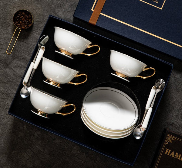 White Ceramic Cups, Elegant British Ceramic Coffee Cups, Bone China Porcelain Tea Cup Set, Unique Tea Cup and Saucer in Gift Box-artworkcanvas