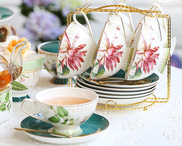 Lotus Flower Bone China Porcelain Tea Cup Set, Elegant Ceramic Coffee Cups, Beautiful British Tea Cups, Traditional English Tea Cups and Saucers-artworkcanvas