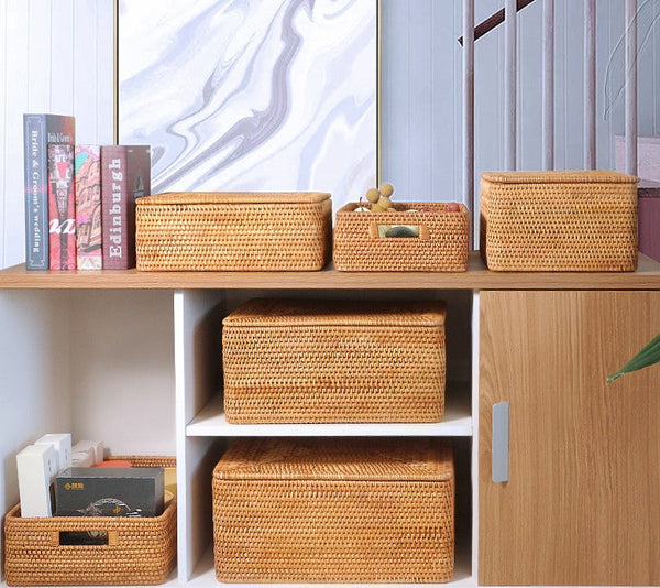 Extra Large Woven Rattan Storage Basket for Bedroom, Rattan Storage Baskets, Rectangular Woven Basket with Lid, Storage Baskets for Shelves-artworkcanvas