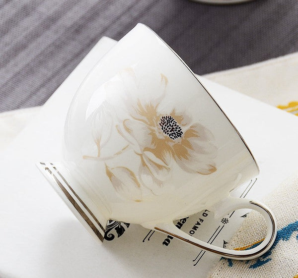 Elegant Flower Pattern Ceramic Coffee Cups, Beautiful British Tea Cups, Unique Porcelain Cup and Saucer, Creative Bone China Porcelain Tea Cup Set-artworkcanvas
