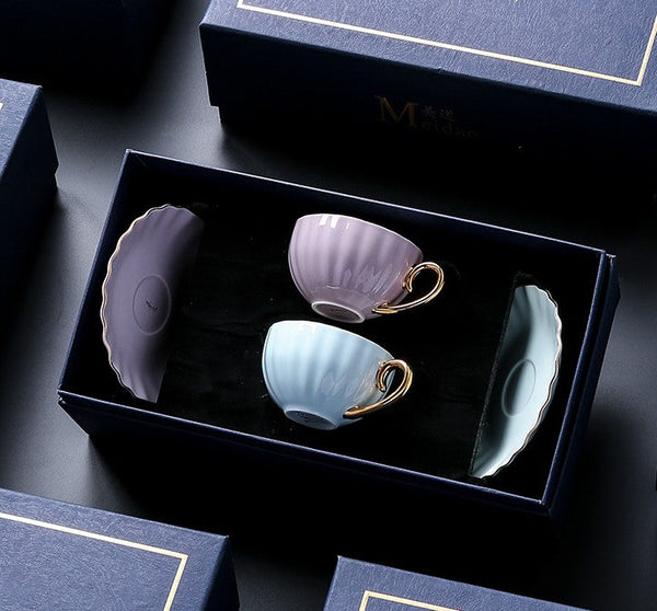 Unique Tea Cups and Saucers in Gift Box as Birthday Gift, Elegant Macaroon Ceramic Coffee Cups, Beautiful British Tea Cups, Creative Bone China Porcelain Tea Cup Set-artworkcanvas