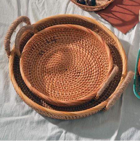 Rattan Storage Basket with Handle, Small Storage Baskets, Round Straoge Basket, Woven Storage Baskets for Kitchen-artworkcanvas