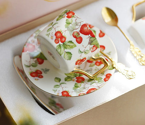 Strawberry Bone China Porcelain Tea Cup Set, Elegant Ceramic Coffee Cups, British Royal Ceramic Cups for Afternoon Tea, Unique Blue Tea Cup and Saucer in Gift Box-artworkcanvas
