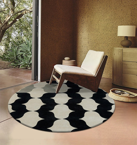 Abstract Round Modern Rug for Dining Room Table, Coffee Table Round Rugs, Black and White Modern Wool Rugs, Modern Wool Rugs for Living Room, Modern Rugs for Bedroom-artworkcanvas