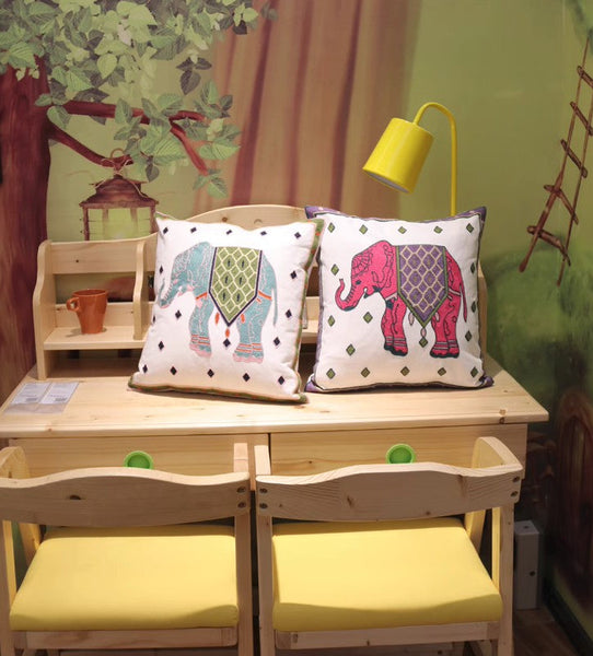 Cotton Decorative Pillows, Elephant Embroider Cotton Pillow Covers, Farmhouse Decorative Sofa Pillows, Decorative Throw Pillows for Couch-artworkcanvas