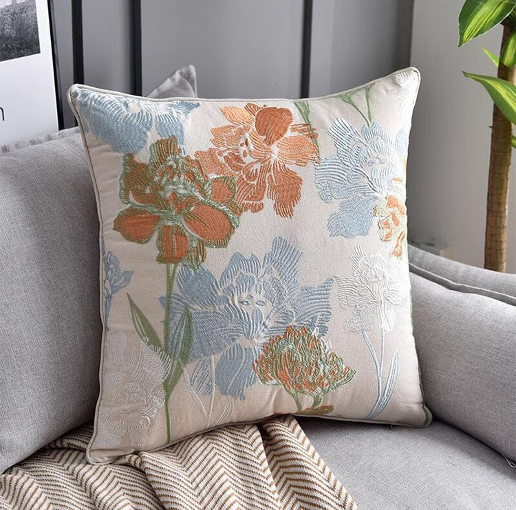 Decorative Sofa Pillows for Couch, Embroider Flower Cotton Pillow Covers, Cotton Flower Decorative Pillows, Farmhouse Decorative Pillows-artworkcanvas