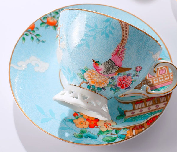 Beautiful Bird Pattern Tea Cups, Creative Bone China Porcelain Tea Cup Set, Elegant Oriental Pheasant Ceramic Cups and Saucers in Gift Box-artworkcanvas