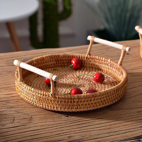 Small Rattan Storage Basket, Fruit Basket, Round Storage Basket with Handle, Kitchen Storage Baskets, Woven Storage Baskets-artworkcanvas