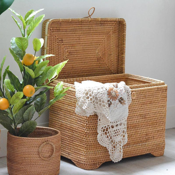 Large Rectangular Storage Basket with Lid, Rattan Storage Case, Storage Baskets for Bedroom, Rectangular Woven Storage Baskets for Clothes-artworkcanvas
