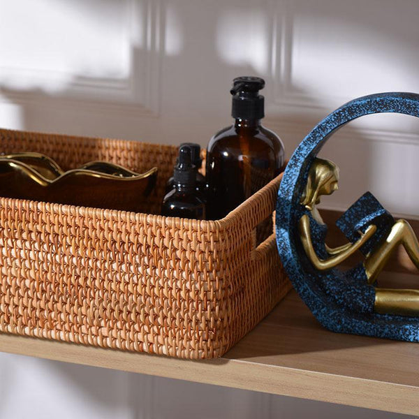 Large Woven Rattan Storage Basket, Rectangular Basket with Handle, Storage Baskets for Living Room-artworkcanvas